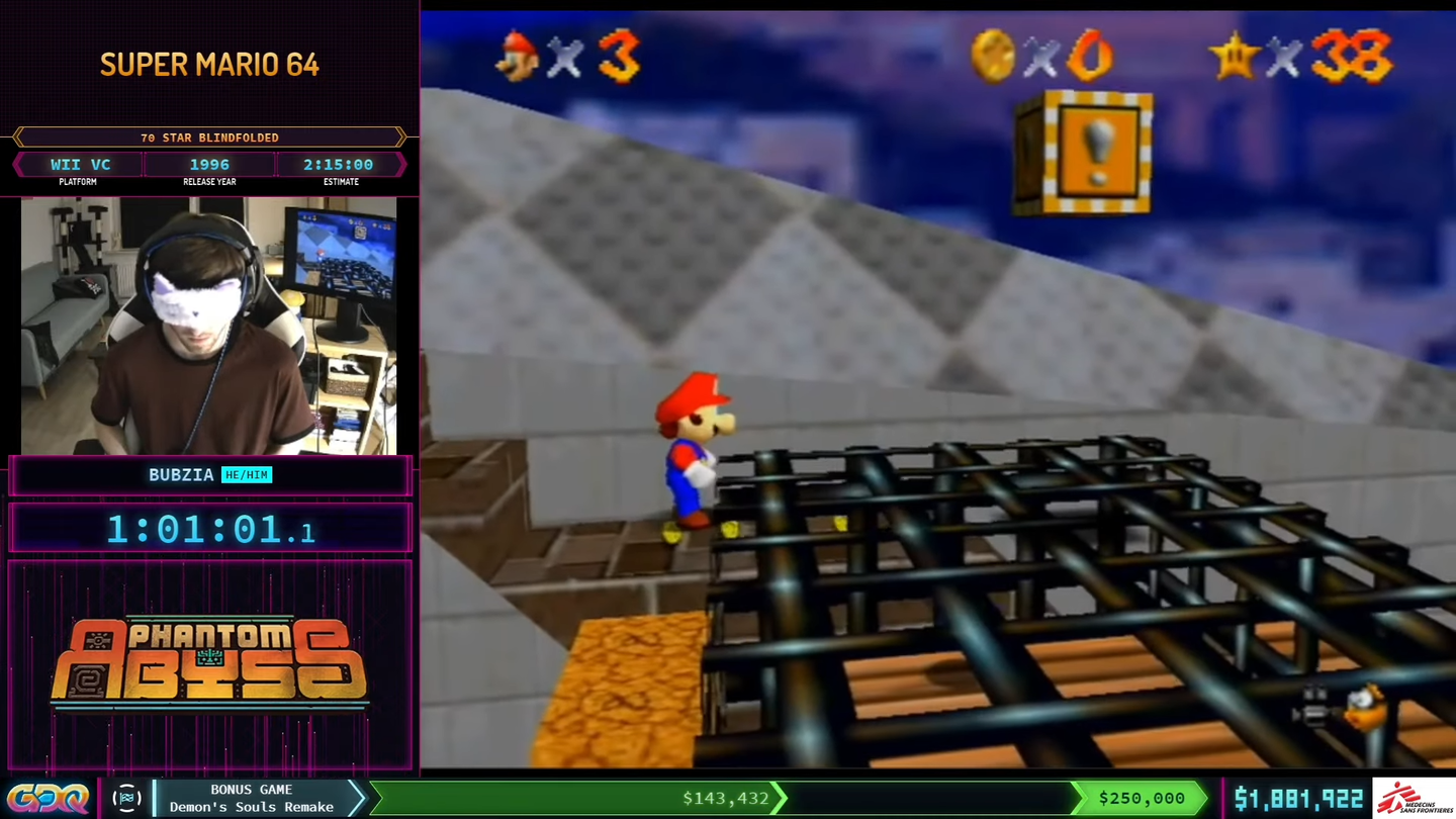 r joga 'Mario 64' de olhos vendados no modo speedrun