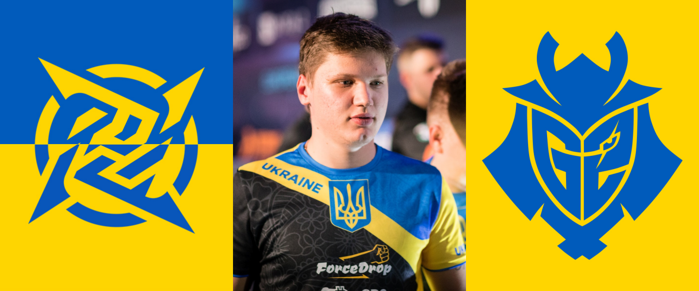 NiP y G2 Esports y sus logos con los colores de Ucrania; En el centro, S1mple con una equipación de Ucrania