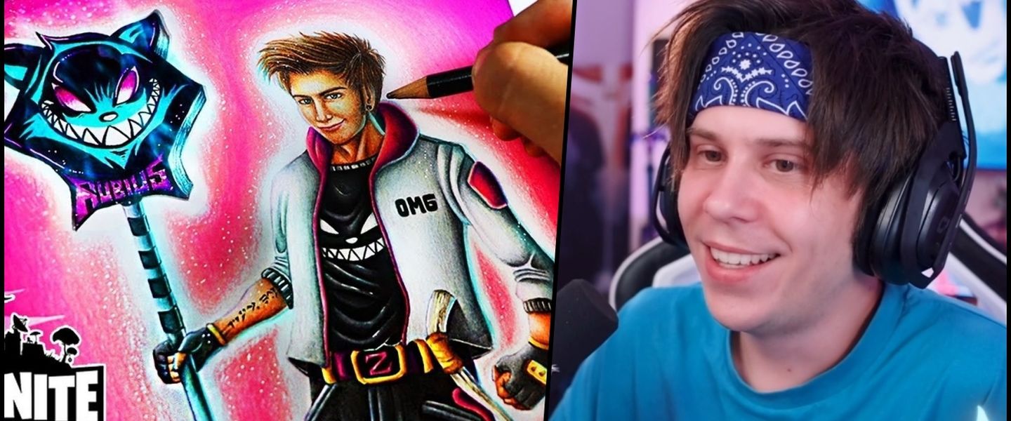 Rubius y una hipotética skin de su persona en Fortnite, diseñada por ArtizHD